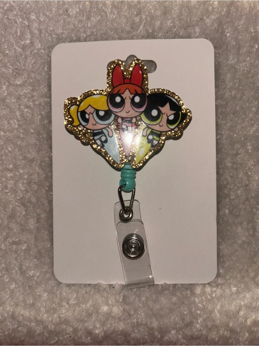 Powerpuff Girls Key & Card Holder Badge Reel in Multicolor with Gold Glitter